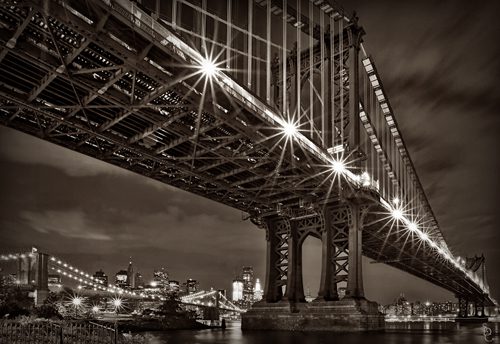 Brooklyn Bridge at night sepia tone