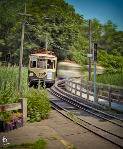 Trolley Pulling in to Station 