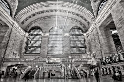 Light Beams at the NYC Grand Central Station Terminal in black and white