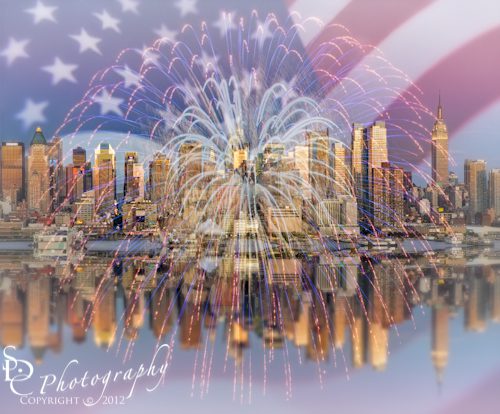 "Happy Birthday America" Composite of the American Flag, New York City Skyline with a big firework from the Fourth of July Independance Day Celebration.