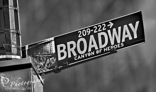 "Canyon Of Heroes" New York City's Broadway Canyon of Heroes Street Sign in black and white.