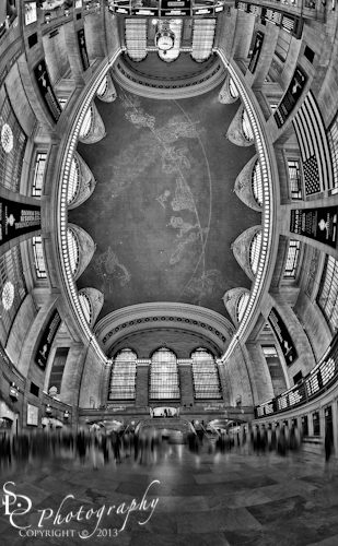 A Grand View BW ~ Black and white vertical panorama of the Main Concourse at Grand Central Station Terminal in New York City.