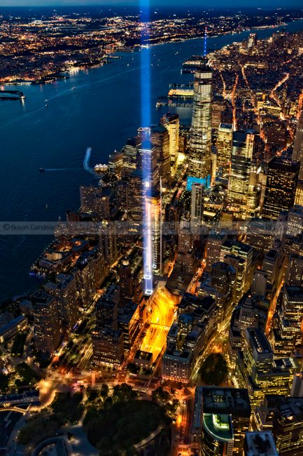 911 Tribute In Light NYC Aerial View