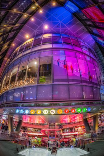 Fulton Street NYC Subway Station - Interior view to the futuristic looking  Fulton Street Subway Station in lower Manhattan in New York City. 