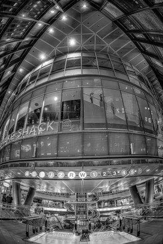 Fulton Street NYC Subway Station - Interior view to the futuristic looking  Fulton Street Subway Station in lower Manhattan in New York City. 
