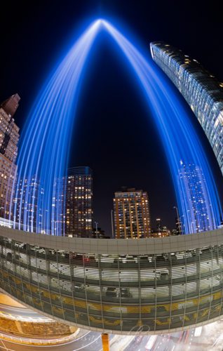 The Tribute in Light is an art installation of 88 searchlights placed six blocks south of the World Trade Center in remembrance of the terror attacks of September 11.