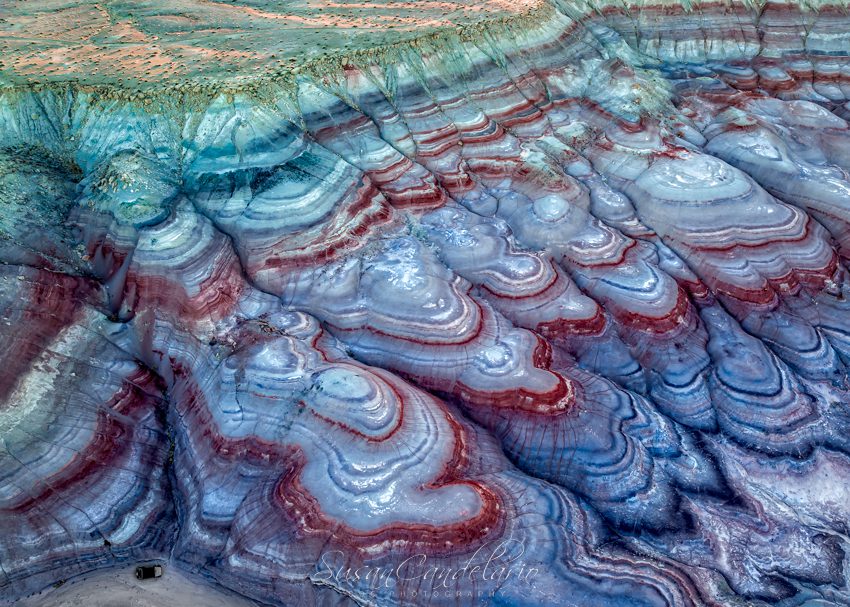 Drone View of the colorful patterns seen at the Bentonite Hills in the southern Utah Badlands. 